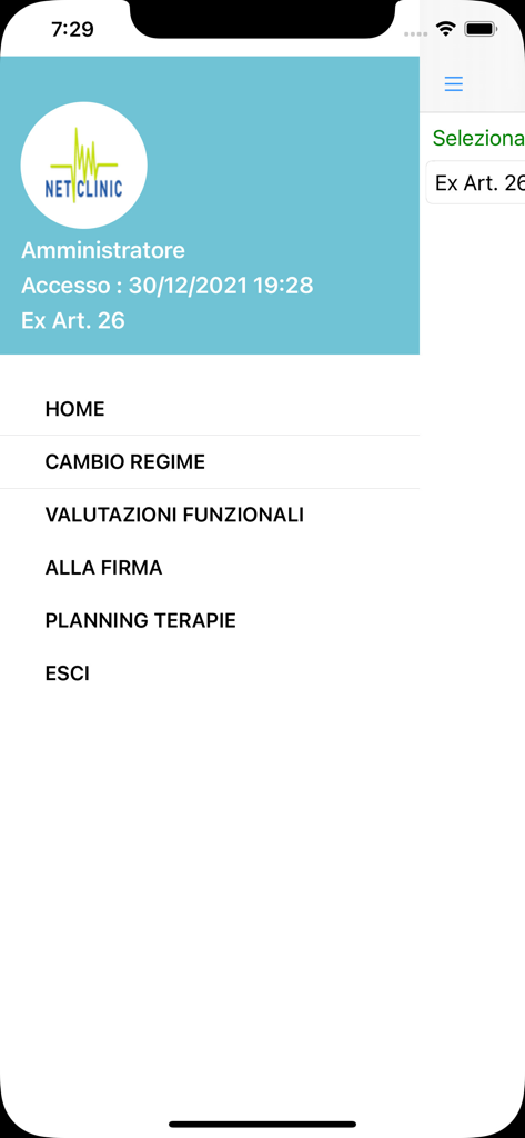 NetClinic Next - Main menu of NetClinic Next app displaying therapy planning and clinical management features