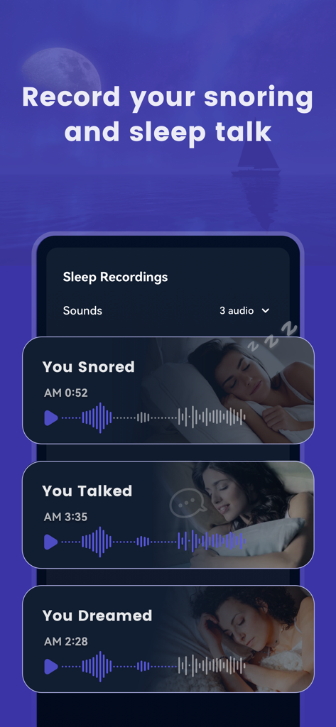 MooNite app screen showing sleep recordings for snoring and talking during the night
