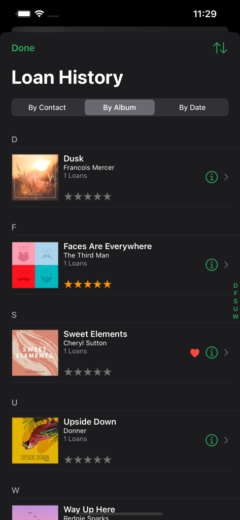 MusicBuddy: Vinyl & CD Tracker - 커버 아트와 대여 상태가 포함된 앨범별 대여 내역 기능을 보여주는 MusicBuddy 앱 화면