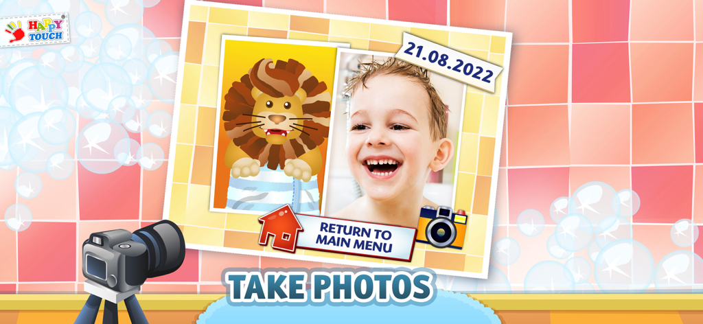 Funzione di cattura fotografica nel gioco di animali Hair-Salon che mostra un bambino e un personaggio leone