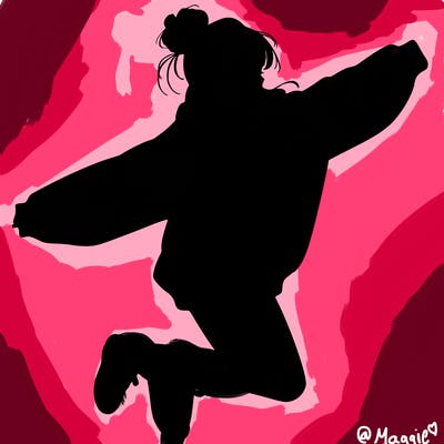realistic girl jumping with a bun and oversized sweatshirt
