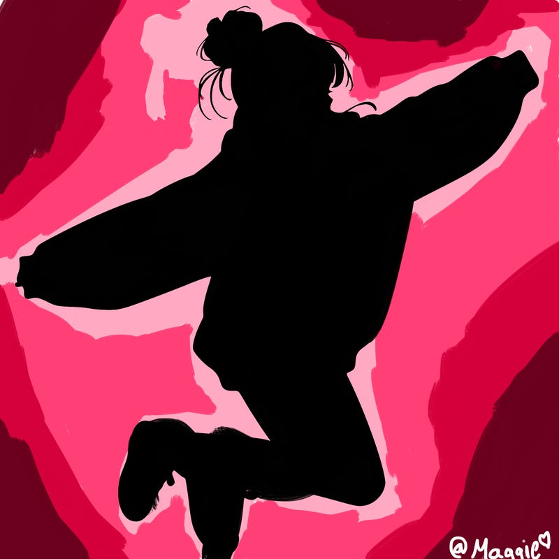 realistic girl jumping with a bun and oversized sweatshirt