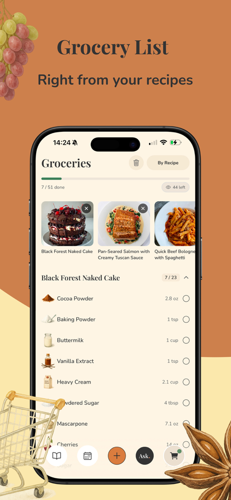 Interfaz de un smartphone mostrando la lista de compras inteligente de la aplicación FOODIE organizada por receta con ingredientes y cantidades.