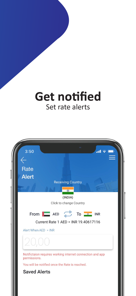 Oberfläche der Al Ansari Exchange-App zum Festlegen von Wechselkursalarmen