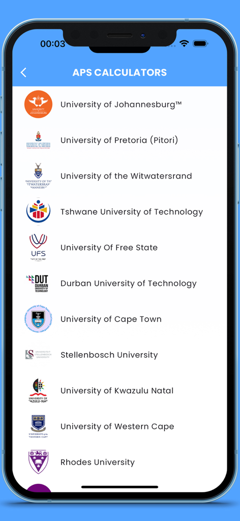 University Qualifications - A list of South African universities with logos for APS score calculation in the University Qualifications app