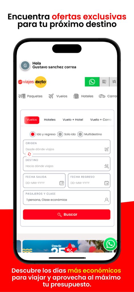 Viajes Éxito - Viajes Exitoアプリのインターフェース。出発地、目的地、日付のフライト検索フィールドが表示されます。