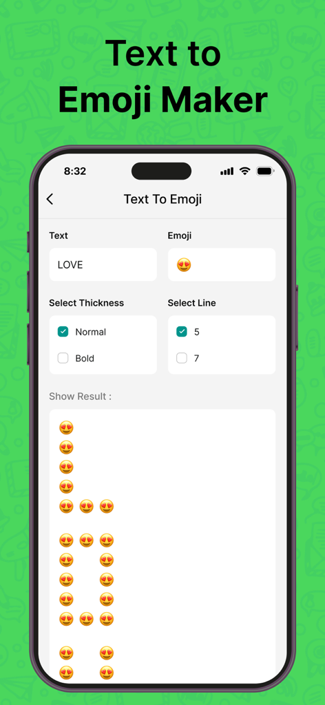 Dual Chat Web - Dual Account - Una interfaz móvil de la función Creador de Texto a Emoji que muestra la palabra AMOR construida usando emojis de ojos de corazón con opciones de personalización de grosor y líneas
