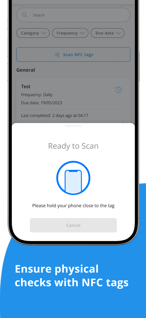 Alkimii mobile app screen showing NFC tag scanning for physical workplace checks