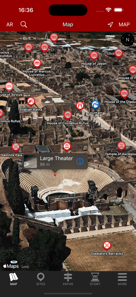 Mapa 3D interactivo de las ruinas de Pompeya destacando el Gran Teatro y puntos de interés cercanos