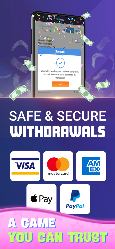 Pantalla de la aplicación Jackpot Bingo que muestra opciones de retiro seguras con logotipos de pago como Visa, Mastercard y PayPal