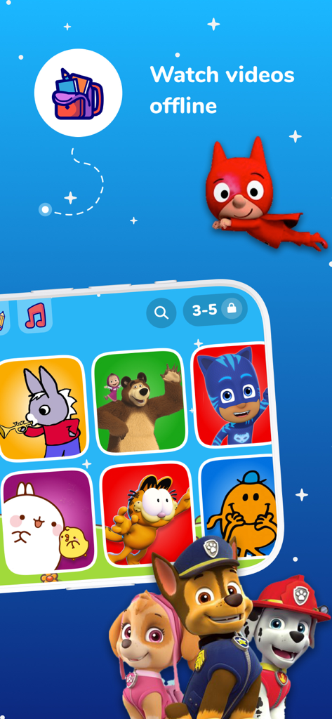 Kidjo TV mobile app interface featuring popular cartoon characters and an offline video viewing mode
