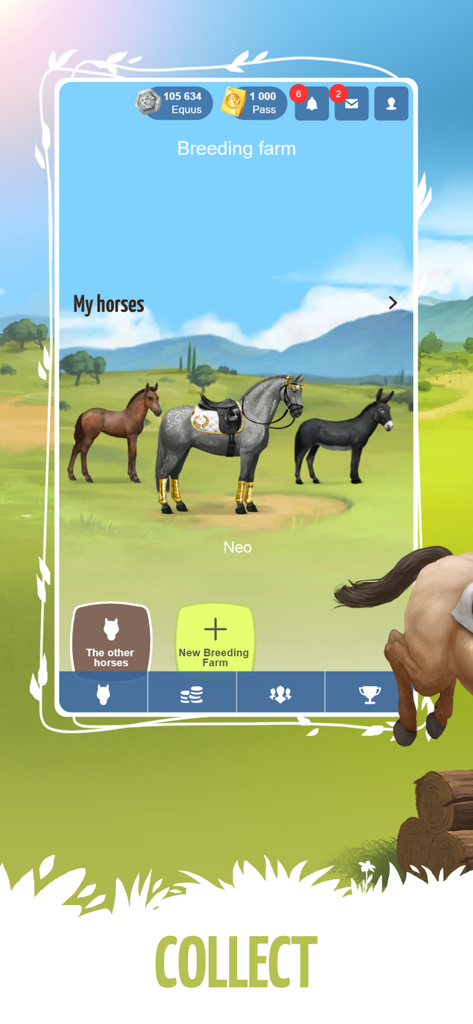Howrse - A screenshot of the Howrse mobile game showing a breeding farm with a foal, a saddled horse named Neo, and a donkey in a green field.