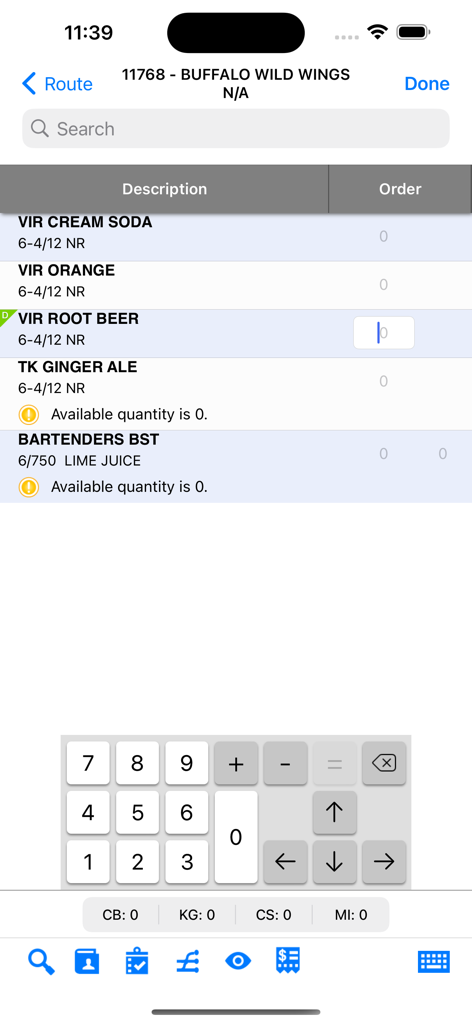 Mobile interface of VIP Sales app for entering beverage orders and checking stock levels