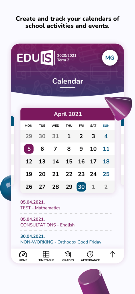 Une capture d'écran du calendrier de l'application Eduis affichant les événements scolaires, les tests et les vacances.