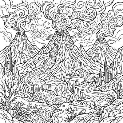 Embark on an epic coloring adventure with this striking Gothic Active Volcanoes design. Immerse yourself in a world of dramatic landscapes, mysterious peaks, and swirling smoke, ready for your artistic touch.