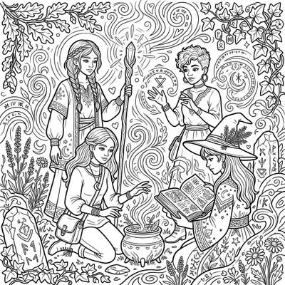 Step into a world of benevolent magic with this captivating coloring page featuring four teen white witches. Unleash your creativity as you bring their spells, nature-inspired setting, and intricate details to vibrant life.