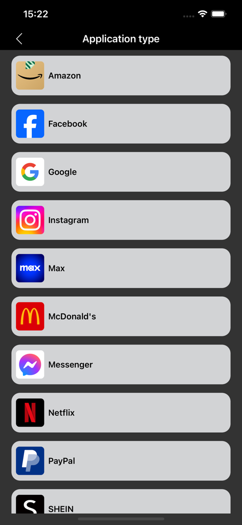 A menu in the Shadowlink app showing various popular applications like Amazon Facebook and Netflix for account organization