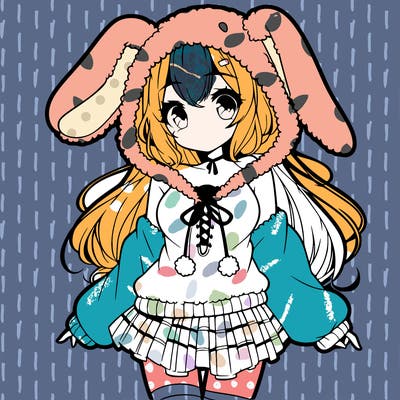 pretty anime girl wearing a fluffy hoodie with bunny ears on the hood and a skirt