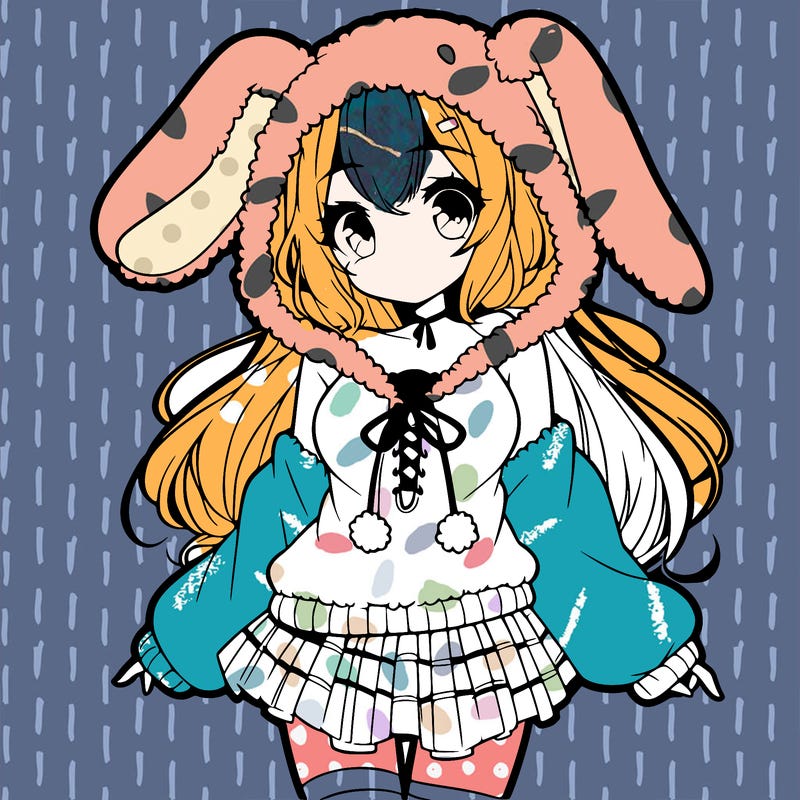 pretty anime girl wearing a fluffy hoodie with bunny ears on the hood and a skirt