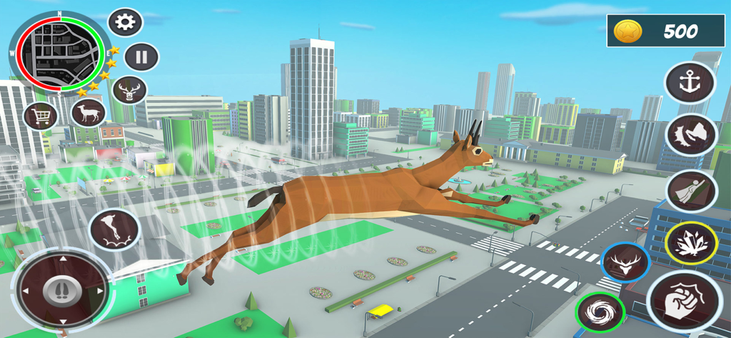 Wild Deer Hunt Gangster Animal - A deer character jumping through an open world low poly city environment in the game Wild Deer Hunt Gangster Animal
