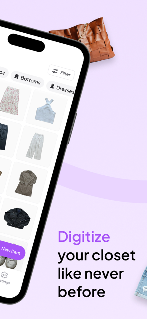 Clozzie - Your Digital Closet - A mobile phone displaying the Clozzie app interface with a digitized clothing collection and categories like tops and bottoms