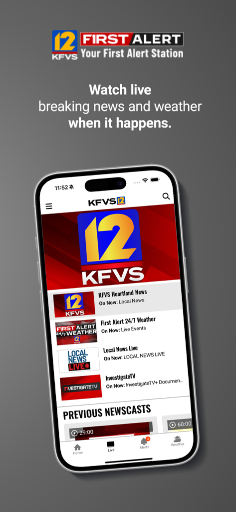 KFVS12 Heartland News app showing live breaking news and local weather on a smartphone screen