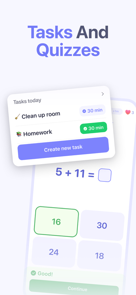 Kidsee app interface showing daily tasks and a math quiz for kids to earn screen time rewards