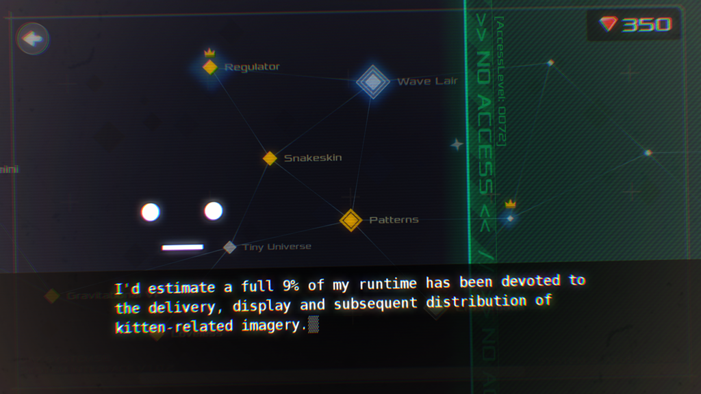 DATA WING - A neon level selection screen in Data Wing with an AI character delivering a humorous line about kitten imagery
