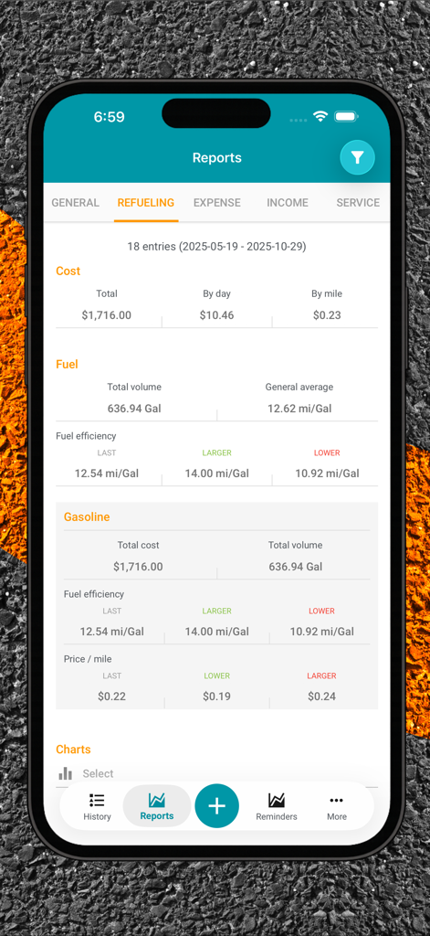 Drivvo - Vehicle management - Drivvo app refueling report screen showing detailed fuel costs and efficiency statistics