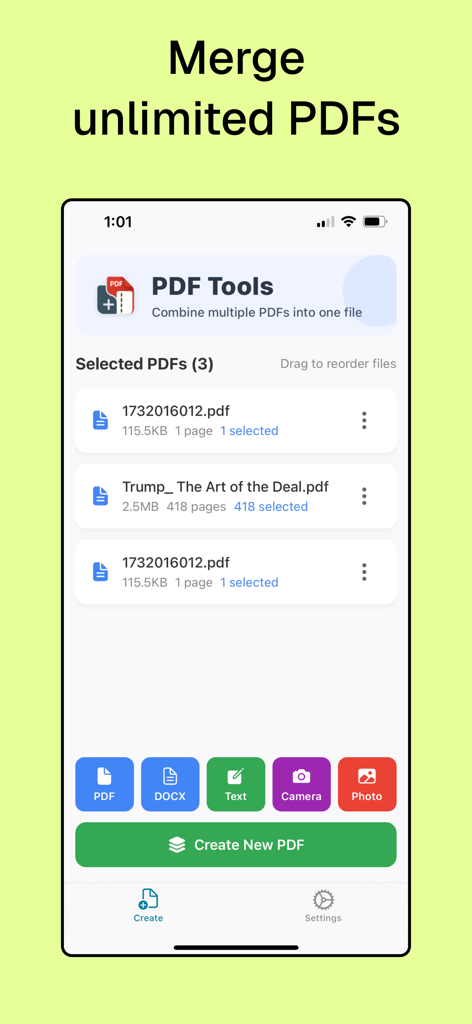 PDF Merge: small pdf converter - Mobile app interface showing a list of selected PDF files ready to be merged into a single document with options to add files from Word, Text, Camera, and Photos.
