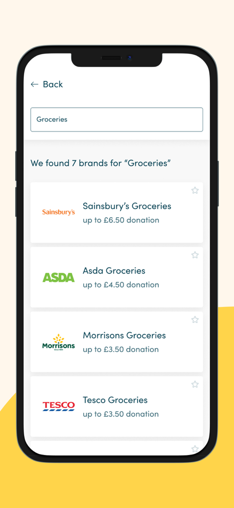Easyfundraising - Easyfundraising app screen showing grocery retailers like Sainsbury s and Asda with donation amounts for each purchase