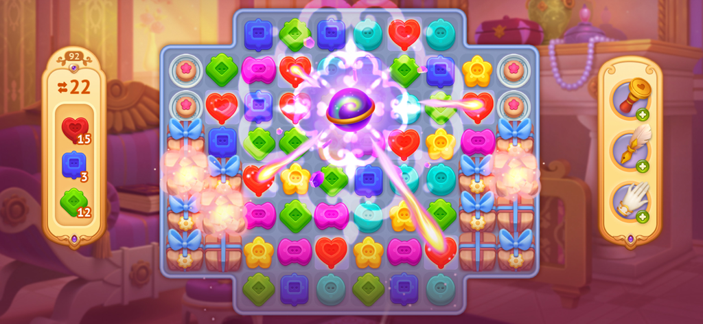 Storyngton Hall: Match 3 games - A colorful match-3 puzzle board from Storyngton Hall featuring hearts and buttons in a Regency mansion setting