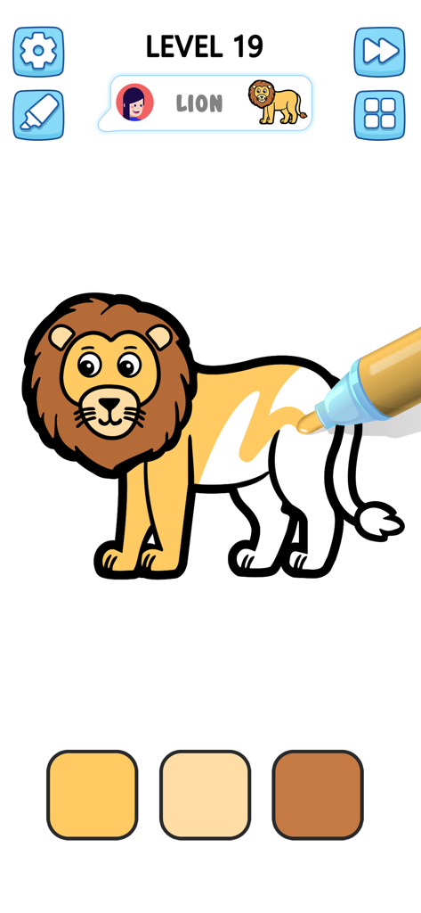 A cartoon lion being colored with a digital marker in the Satisfying Coloring game interface