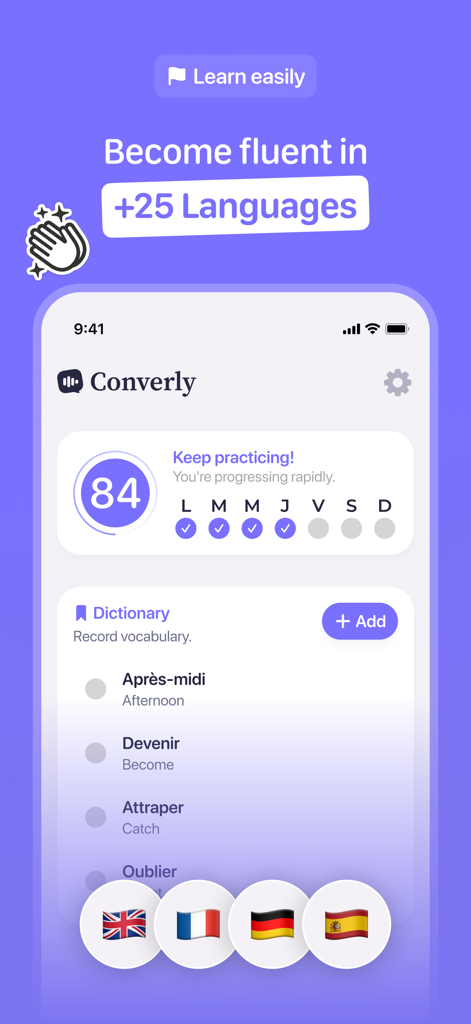 Interface of Converly language learning app showing a progress tracker and personalized vocabulary dictionary