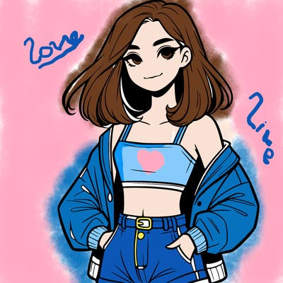 a realistic girl with a crop top and short shorts in an open jacket