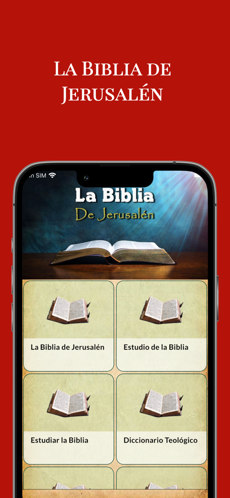 La Biblia de Jerusalén - Main menu screen of the La Biblia de Jerusalén mobile app featuring study and theological dictionary options