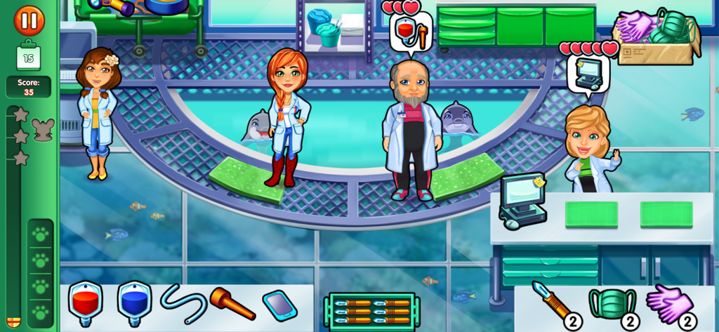 Personajes del juego dirigiendo una clínica veterinaria marina y tratando delfines