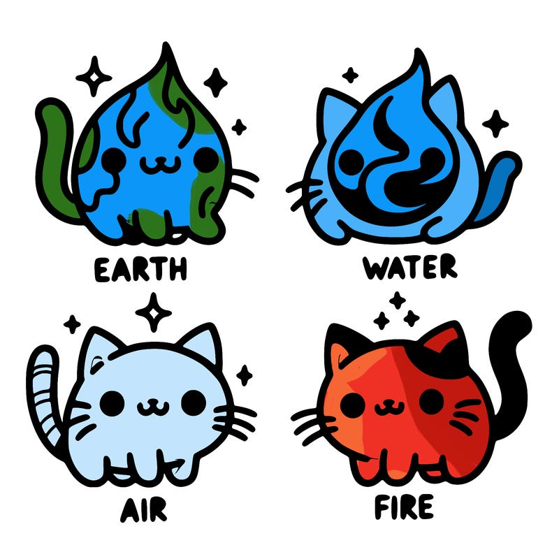 4 cats that represent the different elements, earth, water, air, and fire