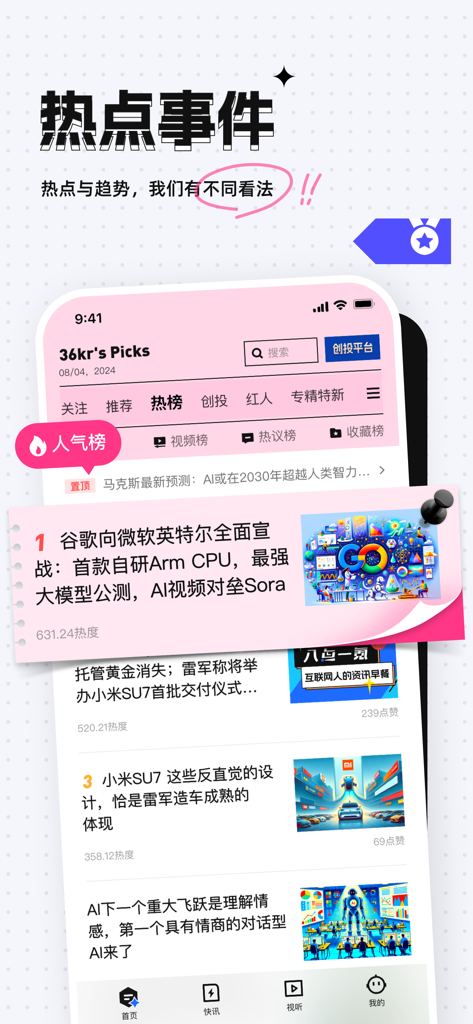 36氪-财经创业融资产业资讯平台 - 36Kr mobile app interface showing a curated news feed of trending tech and business topics in Chinese