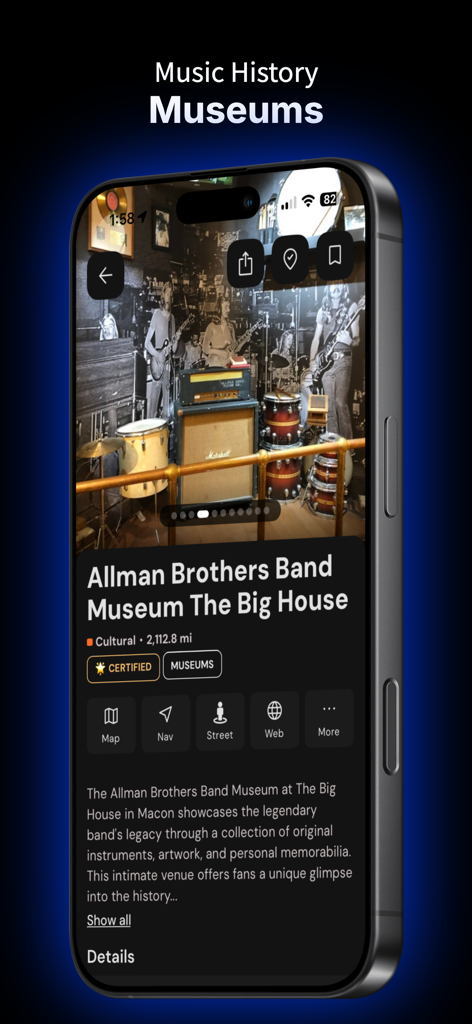 Music Roadtrip - Screenshot of Music Roadtrip app showing the Allman Brothers Band Museum details and navigation buttons
