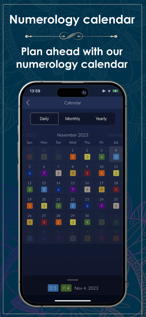 Numerology Rediscover Yourself - Interfaz de aplicación móvil que muestra un calendario de numerología mensual con indicadores de día coloreados