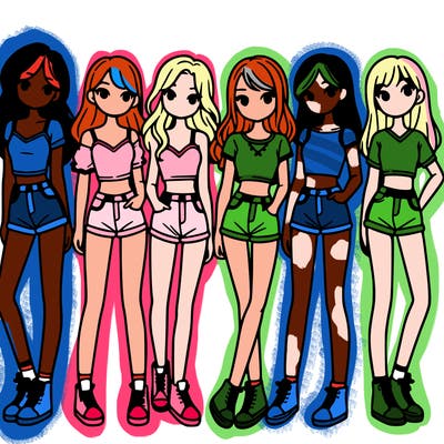 a group of girls wearing crop tops and shorts