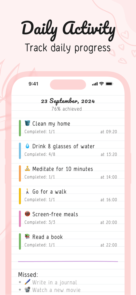 Hizo: Habit Tracker & Todo - A screenshot of the Hizo app showing a daily activity list with habits like cleaning and drinking water in a bullet journal style
