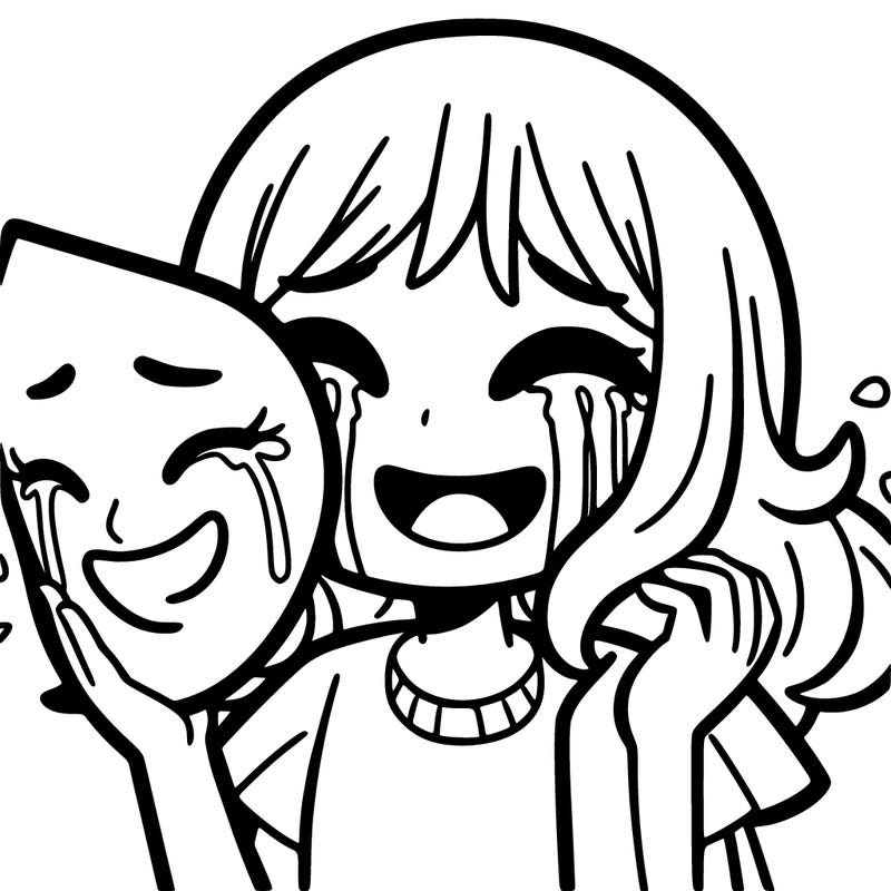 a girl crying with a smiling mask in her hand towards her face