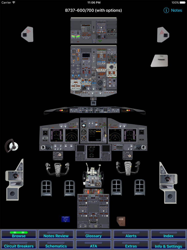 Interactive Boeing 737 cockpit layout showing various instrument panels and navigation buttons