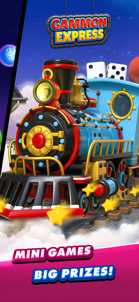 Backgammon Plus - Board Games - Un colorato treno a vapore 3D con dadi in cima che promuove i mini giochi Gammon Express e grandi premi.