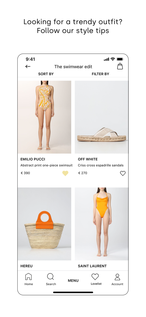 GIGLIO.COM - GIGLIO.COM 모바일 앱 인터페이스에 Emilio Pucci 및 Off-White와 같은 디자이너 브랜드가 포함된 엄선된 수영복 컬렉션이 표시됨