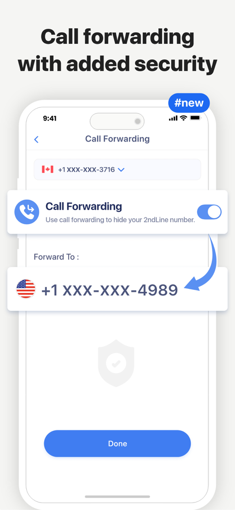 2nd Line - Second phone number - Interface de l'application 2e Ligne montrant les paramètres de renvoi d'appel pour une sécurité renforcée de la confidentialité