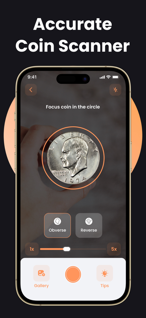 Mobile phone displaying the CoinIn app scanning a silver dollar coin for identification
