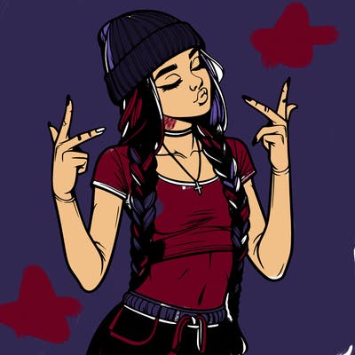 realistic teenage girl with braids and a beanie and crop top doing 🫶🏼